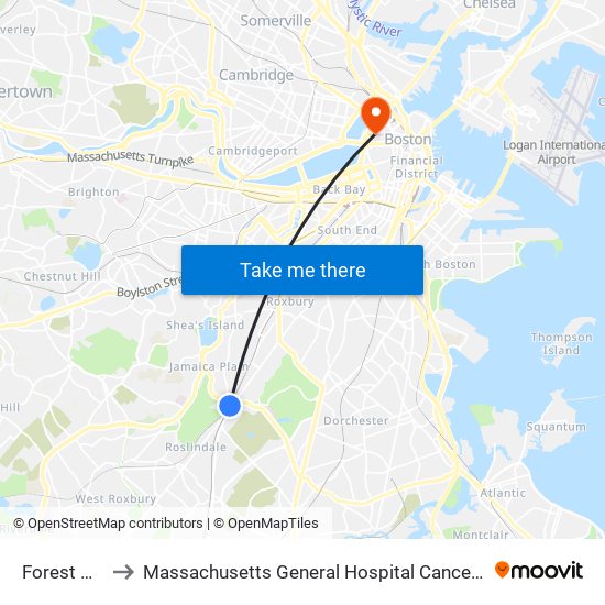 Forest Hills to Massachusetts General Hospital Cancer Center map