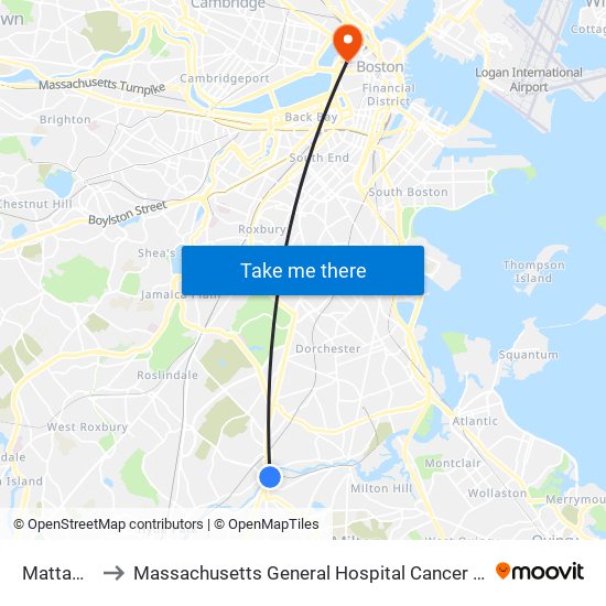 Mattapan to Massachusetts General Hospital Cancer Center map