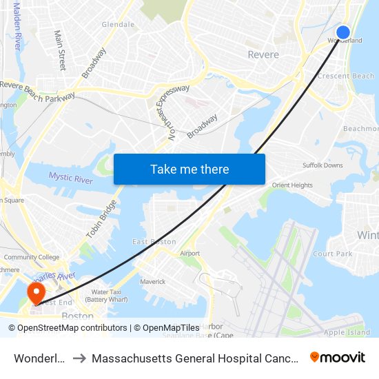 Wonderland to Massachusetts General Hospital Cancer Center map