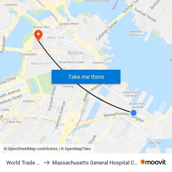 World Trade Center to Massachusetts General Hospital Cancer Center map