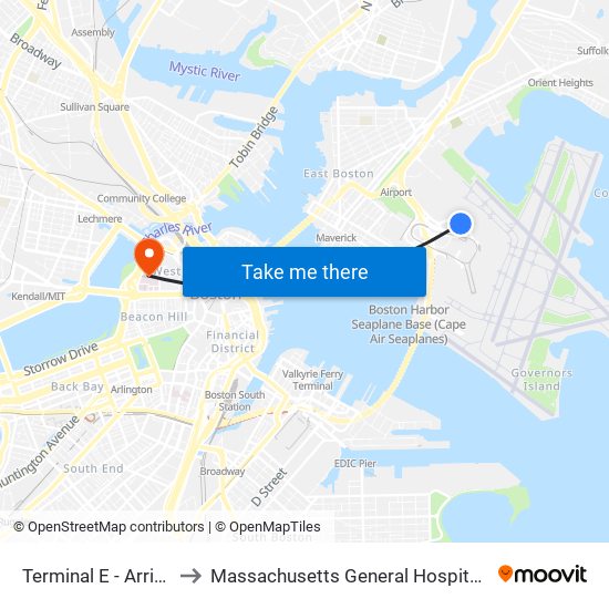 Terminal E - Arrivals Level to Massachusetts General Hospital Cancer Center map