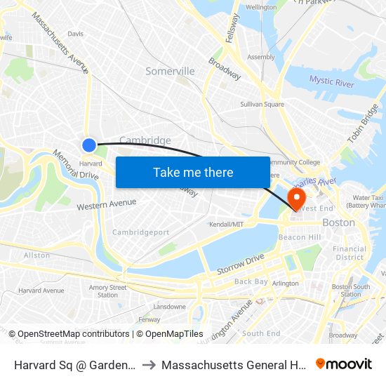 Harvard Sq @ Garden St - Dawes Island to Massachusetts General Hospital Cancer Center map