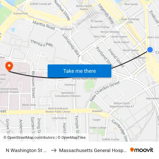 N Washington St @ Cooper St to Massachusetts General Hospital Cancer Center map