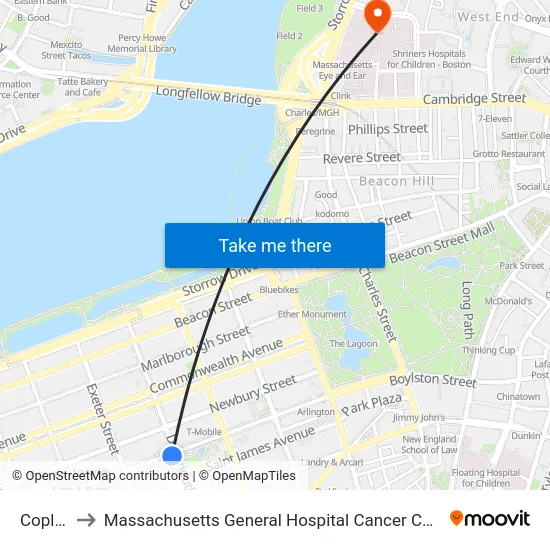 Copley to Massachusetts General Hospital Cancer Center map