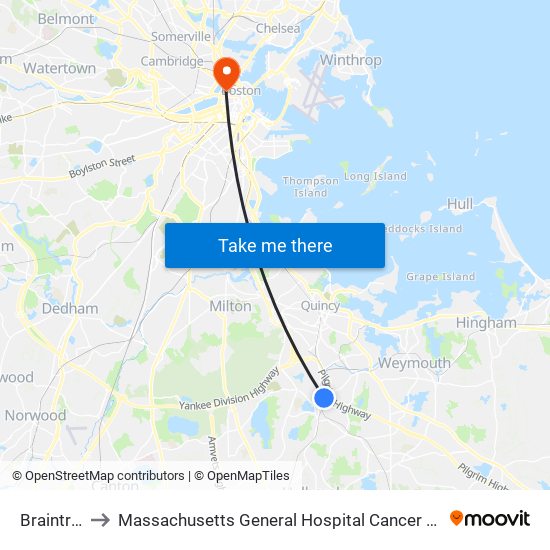 Braintree to Massachusetts General Hospital Cancer Center map