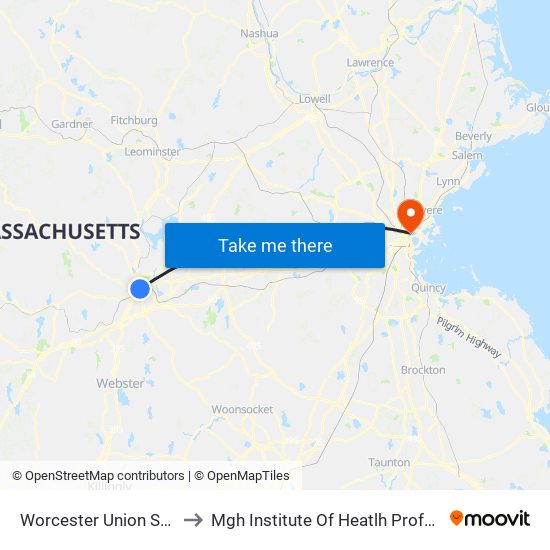 Worcester Union Station to Mgh Institute Of Heatlh Professions map