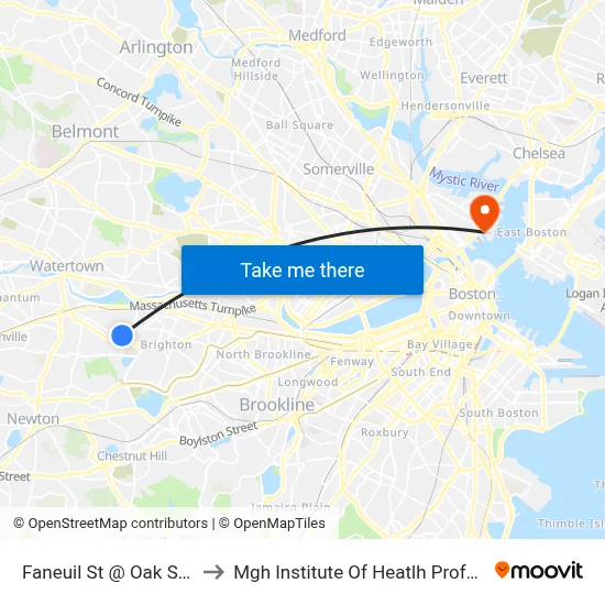 Faneuil St @ Oak Square to Mgh Institute Of Heatlh Professions map