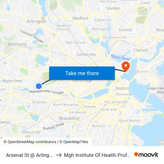Arsenal St @ Arlington St to Mgh Institute Of Heatlh Professions map