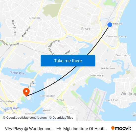 Vfw Pkwy @ Wonderland Market Place to Mgh Institute Of Heatlh Professions map
