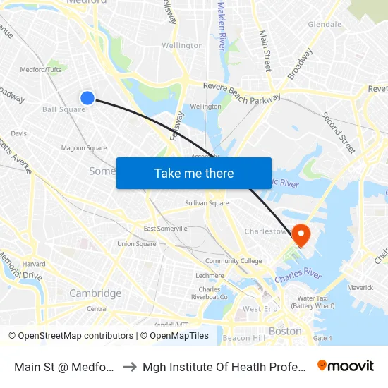 Main St @ Medford St to Mgh Institute Of Heatlh Professions map