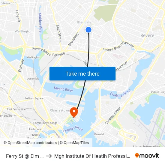 Ferry St @ Elm St to Mgh Institute Of Heatlh Professions map