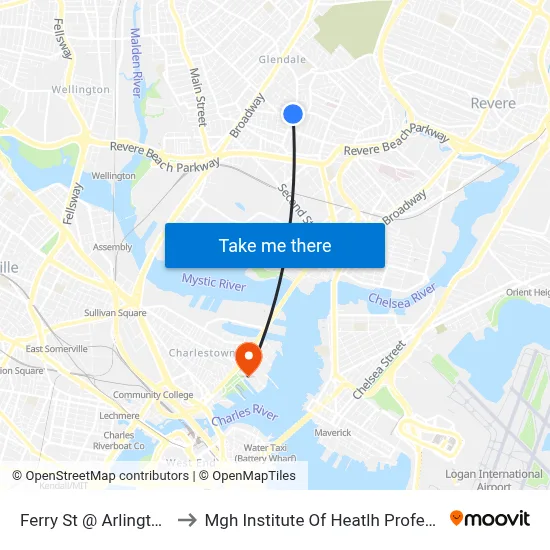 Ferry St @ Arlington St to Mgh Institute Of Heatlh Professions map