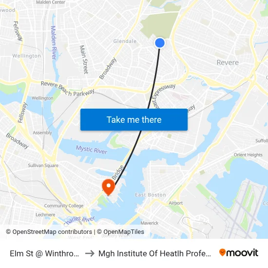 Elm St @ Winthrop Rd to Mgh Institute Of Heatlh Professions map