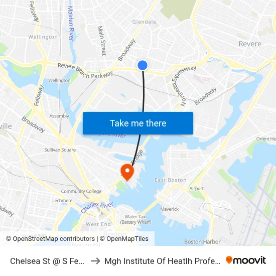 Chelsea St @ S Ferry St to Mgh Institute Of Heatlh Professions map