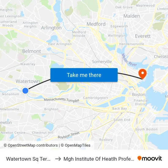 Watertown Sq Terminal to Mgh Institute Of Heatlh Professions map