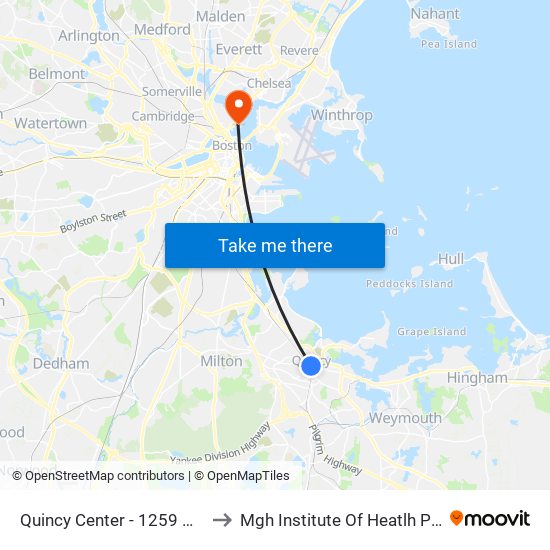 Quincy Center - 1259 Hancock St to Mgh Institute Of Heatlh Professions map