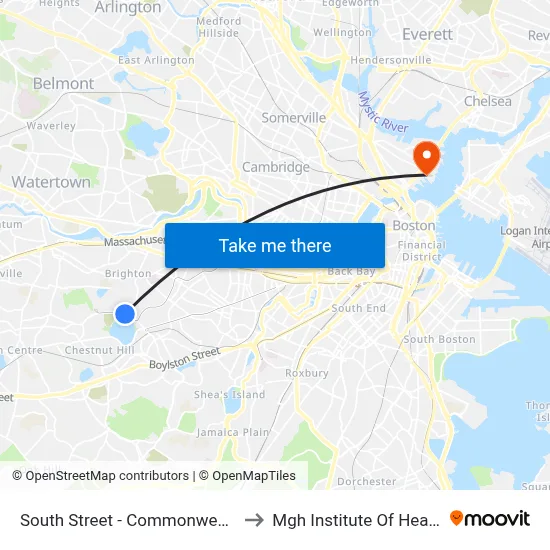 South Street - Commonwealth Ave @ South St to Mgh Institute Of Heatlh Professions map