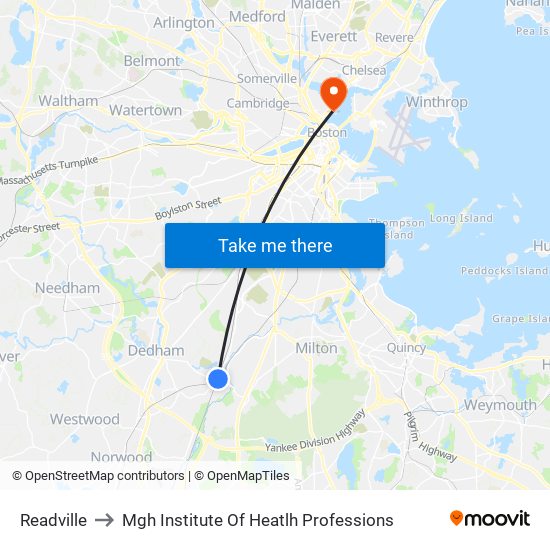 Readville to Mgh Institute Of Heatlh Professions map