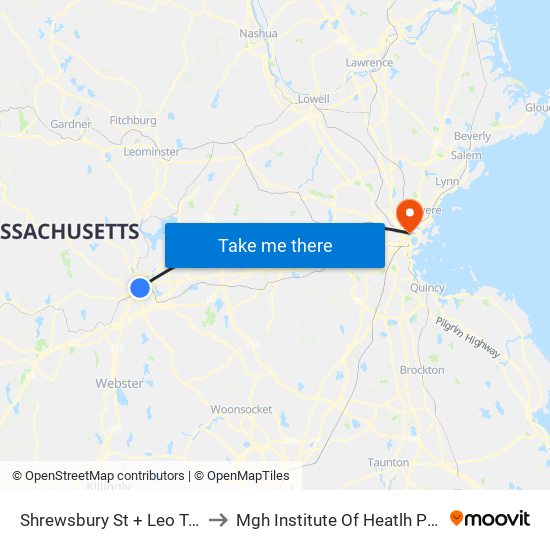 Shrewsbury St + Leo Tuoro Way to Mgh Institute Of Heatlh Professions map