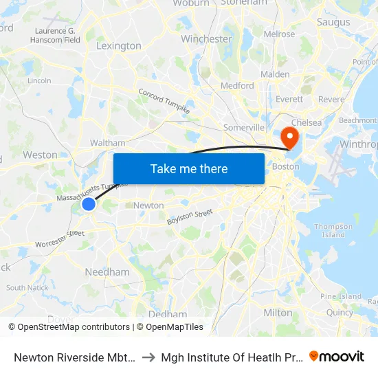 Newton Riverside Mbta Station to Mgh Institute Of Heatlh Professions map