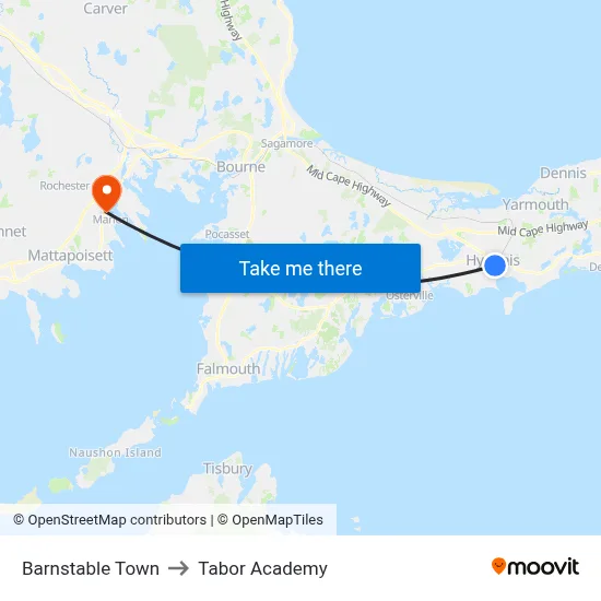 Barnstable Town to Tabor Academy map