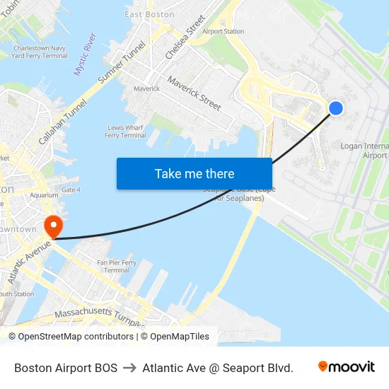 Boston Airport BOS to Atlantic Ave @ Seaport Blvd. map
