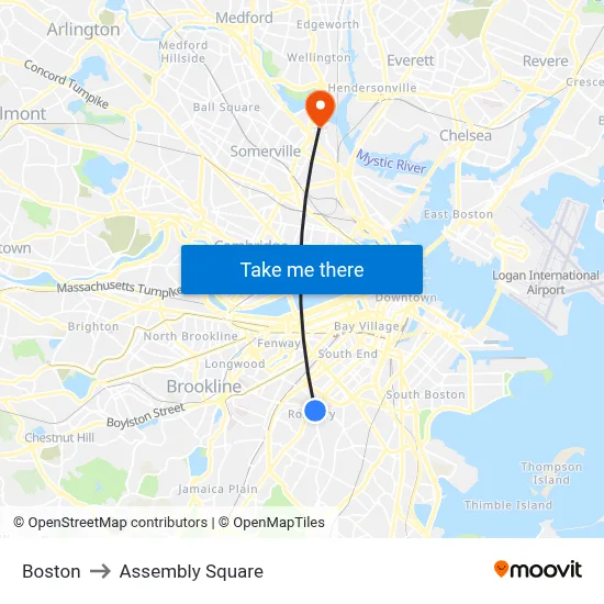 Boston to Assembly Square map