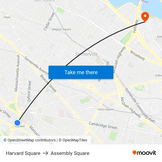 Harvard Square to Assembly Square map