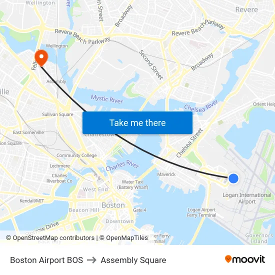 Boston Airport BOS to Assembly Square map