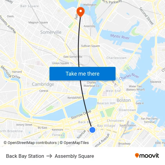 Back Bay Station to Assembly Square map