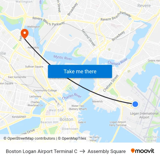 Boston Logan Airport Terminal C to Assembly Square map