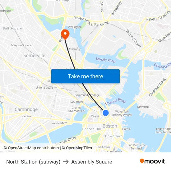 North Station (subway) to Assembly Square map