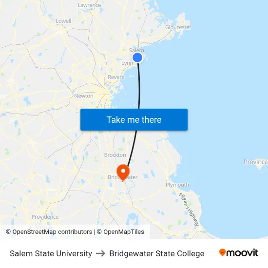 Salem State University to Bridgewater State College map
