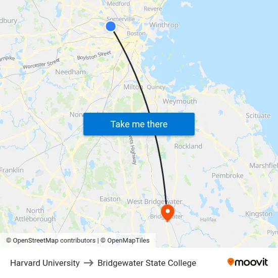 Harvard University to Bridgewater State College map