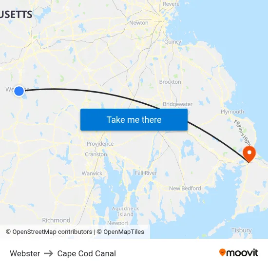 Webster to Cape Cod Canal map