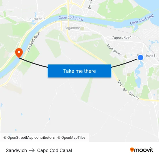 Sandwich to Cape Cod Canal map