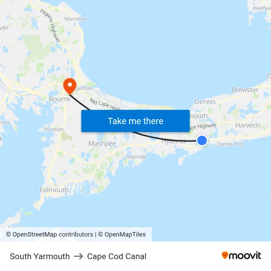 South Yarmouth to Cape Cod Canal map