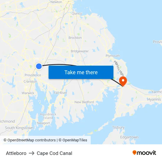 Attleboro to Cape Cod Canal map