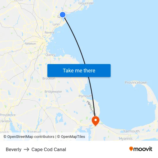 Beverly to Cape Cod Canal map