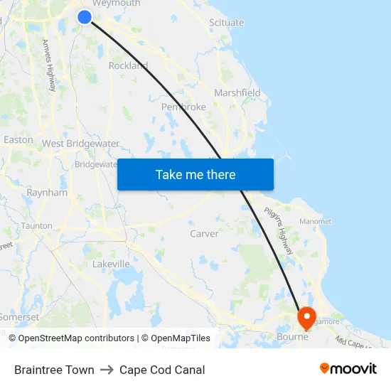 Braintree Town to Cape Cod Canal map