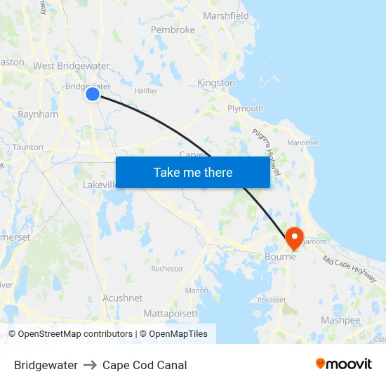 Bridgewater to Cape Cod Canal map