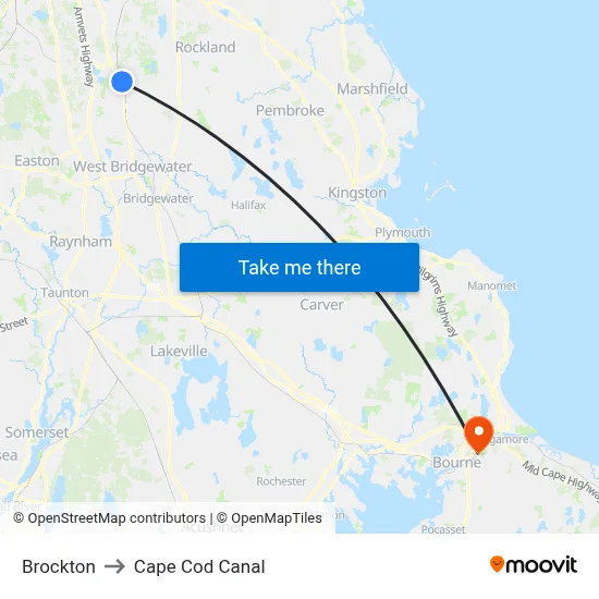 Brockton to Cape Cod Canal map