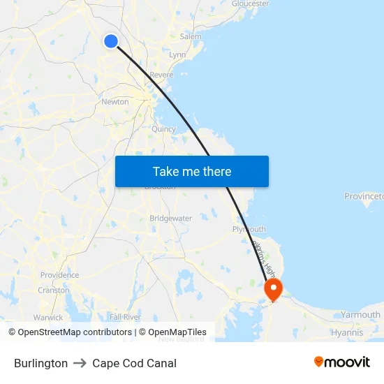 Burlington to Cape Cod Canal map