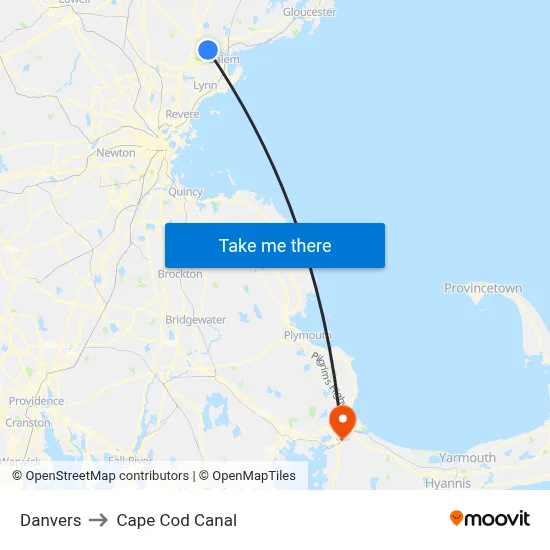 Danvers to Cape Cod Canal map