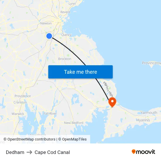 Dedham to Cape Cod Canal map
