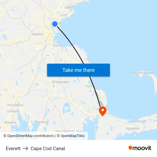 Everett to Cape Cod Canal map