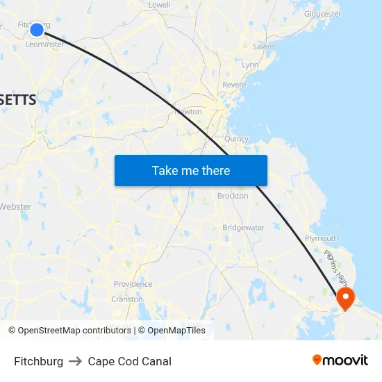 Fitchburg to Cape Cod Canal map