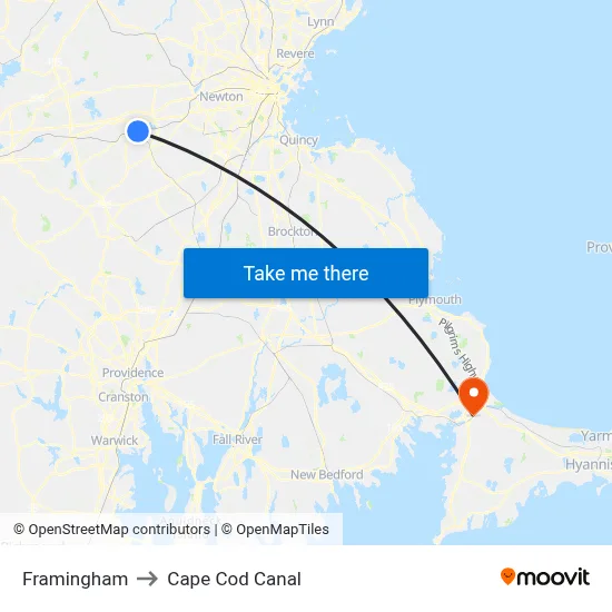 Framingham to Cape Cod Canal map