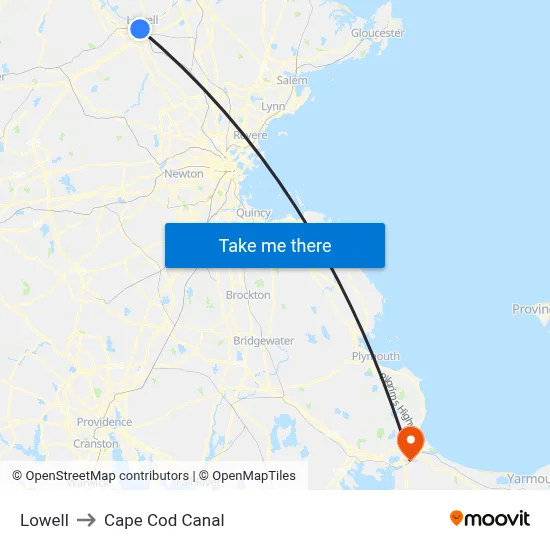 Lowell to Cape Cod Canal map