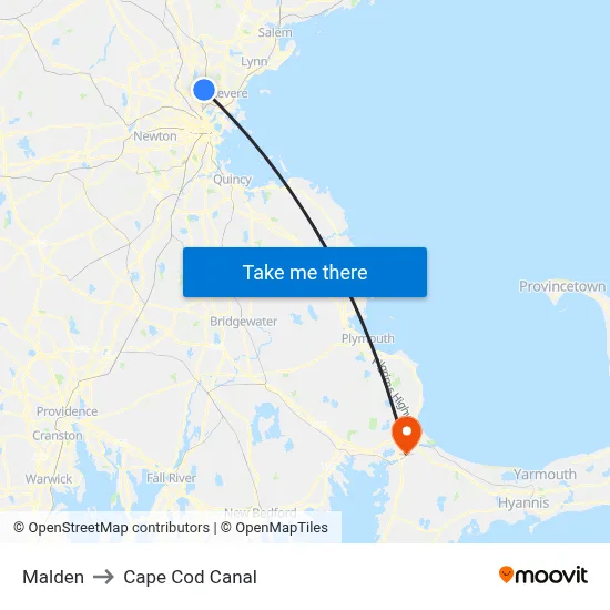 Malden to Cape Cod Canal map